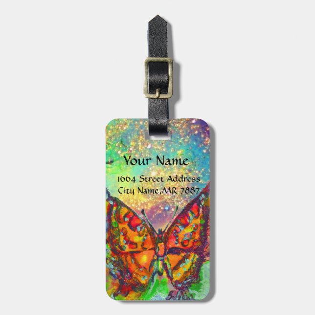 RED BUTTERFLY BLUE GULD GULT SPARKLES MONOGRAM BAGAGEBRICKA (Vertikal Framsida)