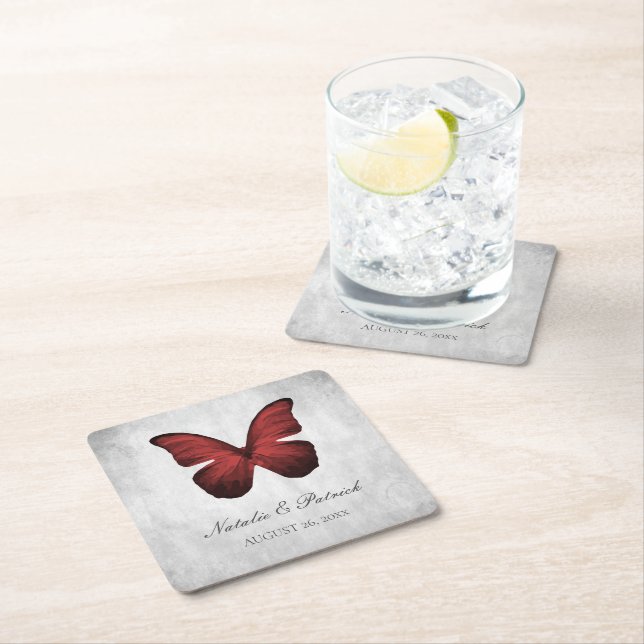 Red Butterfly Bröllop Pappra Underlägg Papper Kvadrat (Insitu)