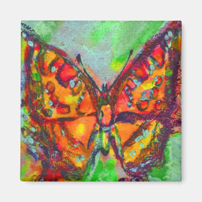RED BUTTERFLY IN BLUE GRÖNT GULD SPARKLES MAGNET (Framsidan)
