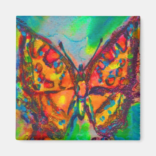 RED BUTTERFLY IN BLUE GRÖNT GULD SPARKLES MAGNET (Framsidan)