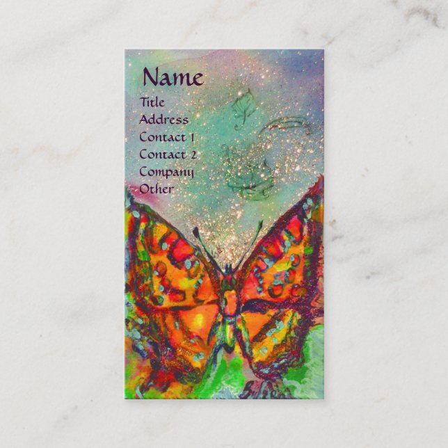 RED BUTTERFLY IN BLUE GRÖNT GULD SPARKLES Monogram Visitkort (Framsida)