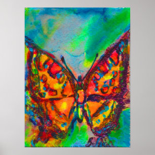RED BUTTERFLY IN BLUE GRÖNT TEAL GULD SPARKLES POSTER