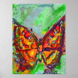 RED BUTTERFLY IN BLUE GRÖNT TEAL GULD SPARKLES POSTER