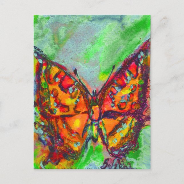 RED BUTTERFLY IN BLUE GRÖNT TEAL GULD SPARKLES VYKORT (Framsida)