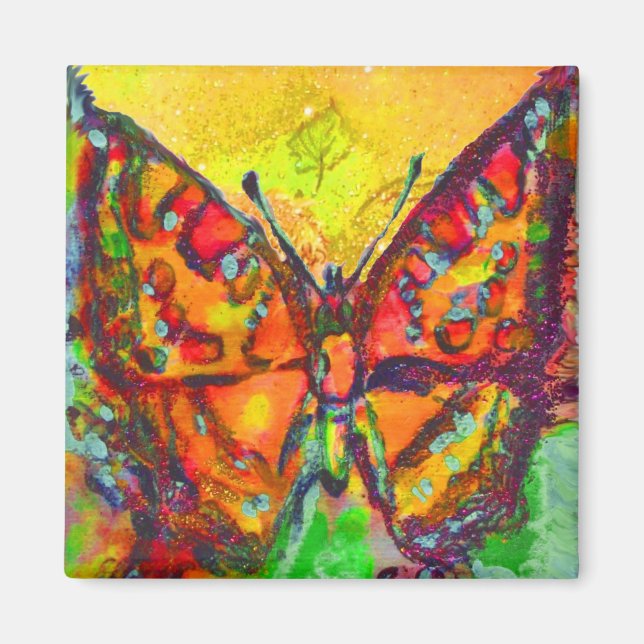 RED BUTTERFLY IN GULD GULT SPARKLES MAGNET (Framsidan)