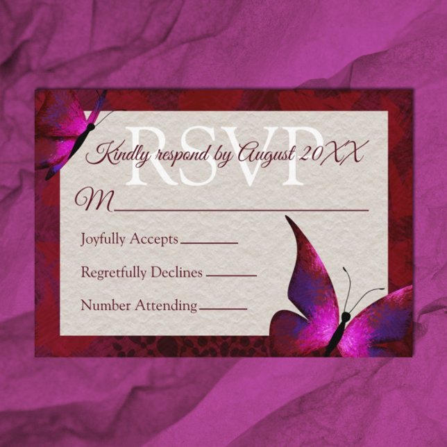 Red Butterfly Quinceañera OSA kort (Red and pink quinceanera rsvp card for elegant red quinceanera invitations )