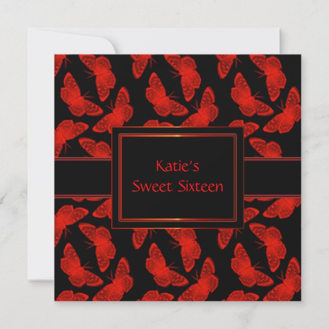 Red Butterfly Red Black Sweet sixteen Inbjudningar (Framsida)