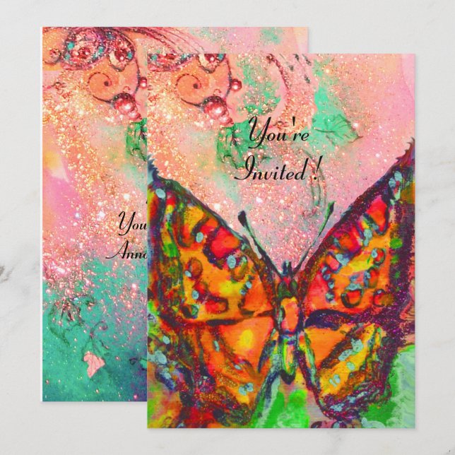 RED BUTTERFLY ROSA FUCHSIA GULD SPARKLES Sweet 16 Inbjudningar (Fram/baksida)