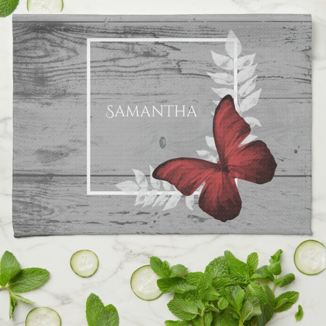 Red Butterfly Rustic Kitchen Towel Kökshandduk (Vikta)