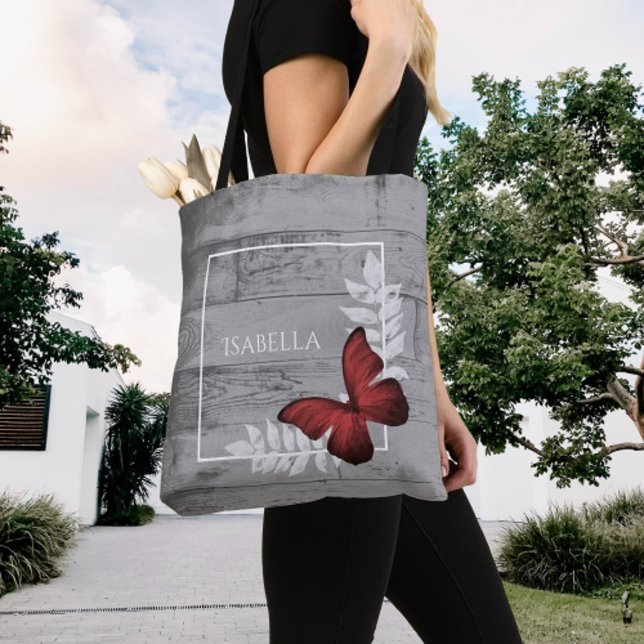 Red Butterfly Rustic Personlig Tote Bag Tygkasse (Red Butterfly Rustic Personalized Tote Bag)