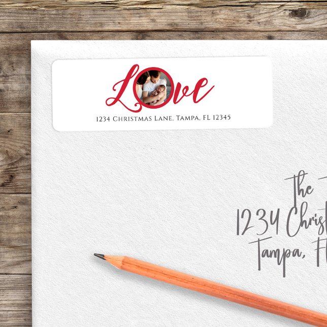 Red Calligraphy Script Photo Kärlek Returadress Etikett (Love photo typography template return address label)
