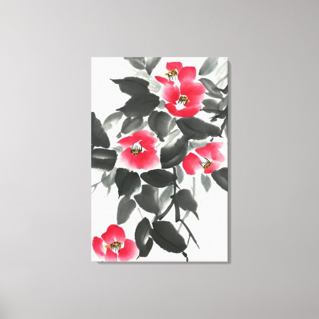 Red camellia sumie bläck och vattenfärgsmålning canvastryck (Framsida)
