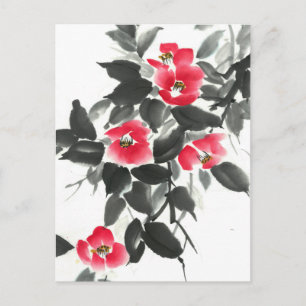 Red camellia sumie bläck och vattenfärgsmålning vykort