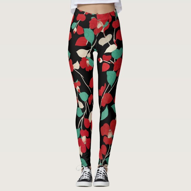 RED CAMELLIAS,WHITE GRÖNT LÖV BLACK Blommigt Leggings (Framsida)