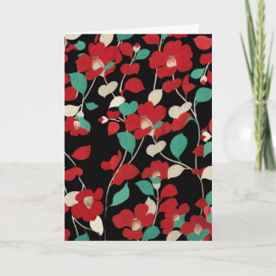 RED CAMELLIAS,WHITE GRÖNT LÖV IN BLACK Blommigt Helgkort
