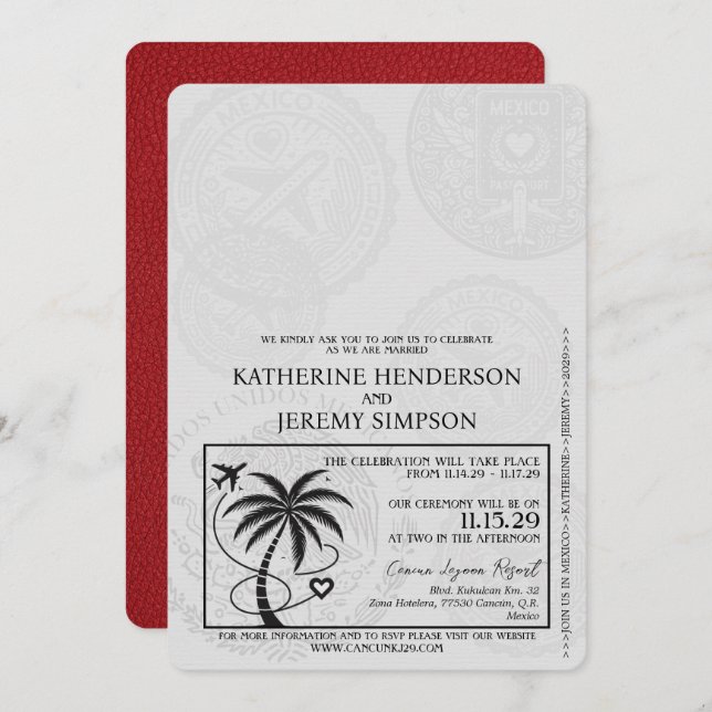 Red Cancun Passport Bröllop Inbjudningar (Fram/baksida)