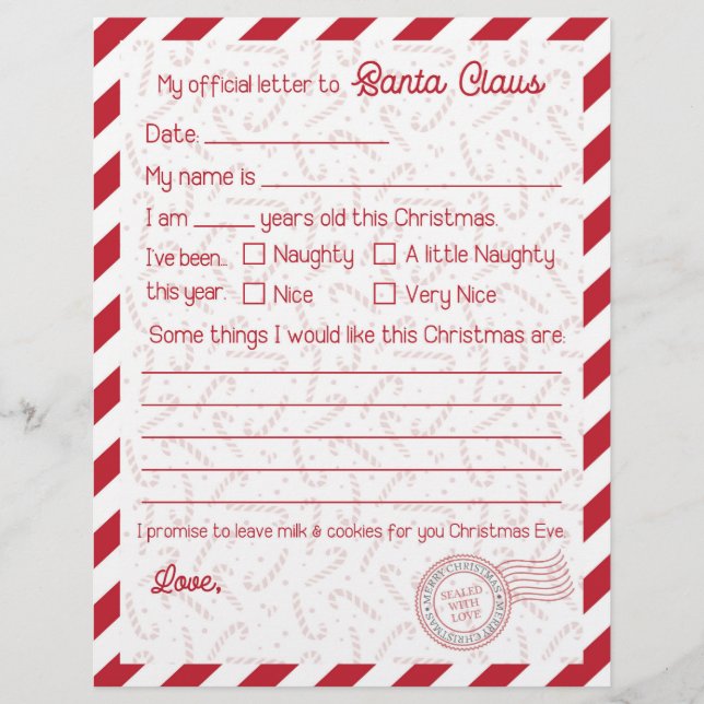 Red Candy cane Brev till Jultomten Stationary (Framsida)
