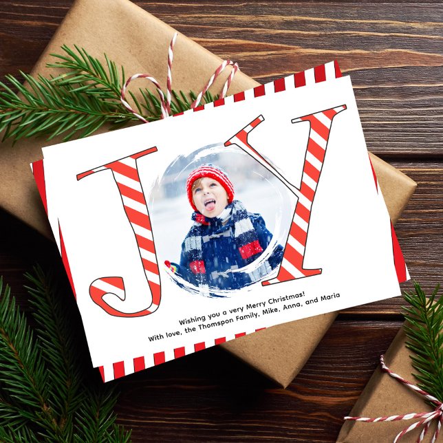 Red Candy cane Rand julfoto Joy Julkort (Joy typography Christmas photo card template. )