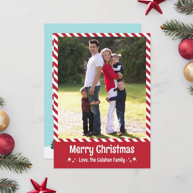 Red Candy Cane Stripe Merry Christmas Photo Card Julkort (Skapare uppladdad)