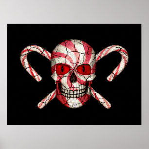 Red Candy cane Sugar Skull Colorful Poster