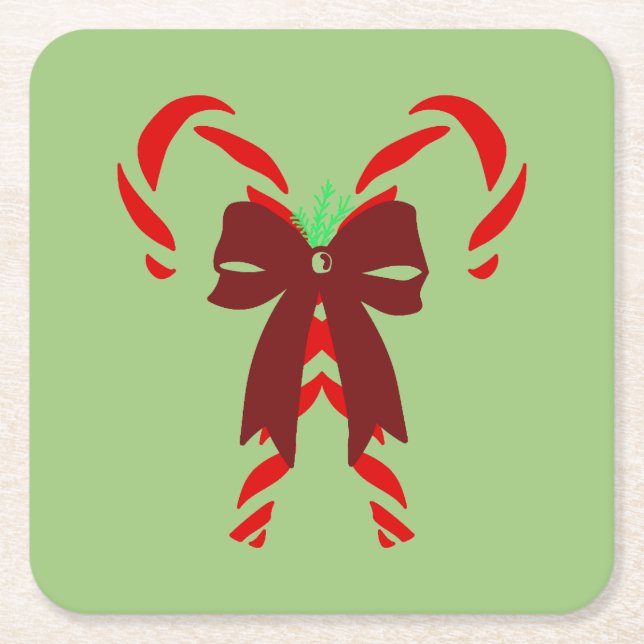 Red Candy Canes with Pine Needles & Bow Underlägg Papper Kvadrat (Framsidan)