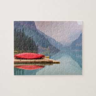 Red Canoe on Tranquil Mountain Sjö Wilderness art Pussel