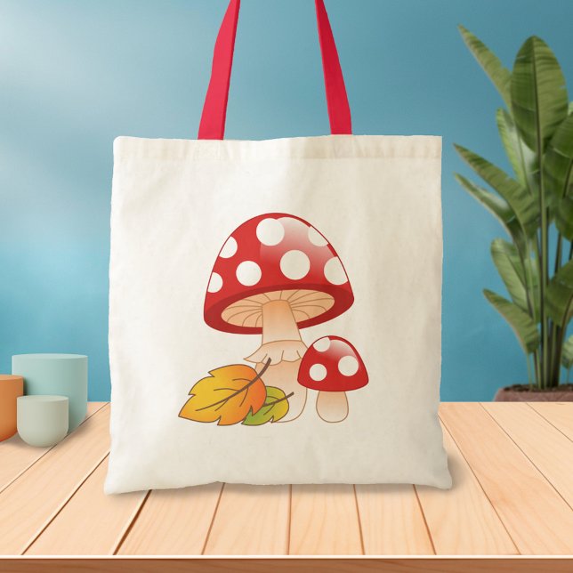 Red Cap Toadstool Svampar med Löv Tygkasse (Skapare uppladdad)