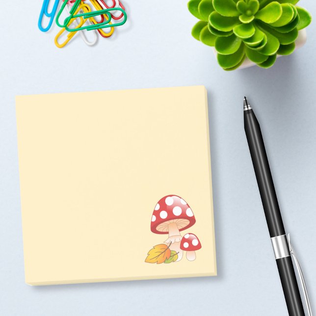 Red Cap Toadstool Svampar och Löv på Gult Post-it Block (Skapare uppladdad)