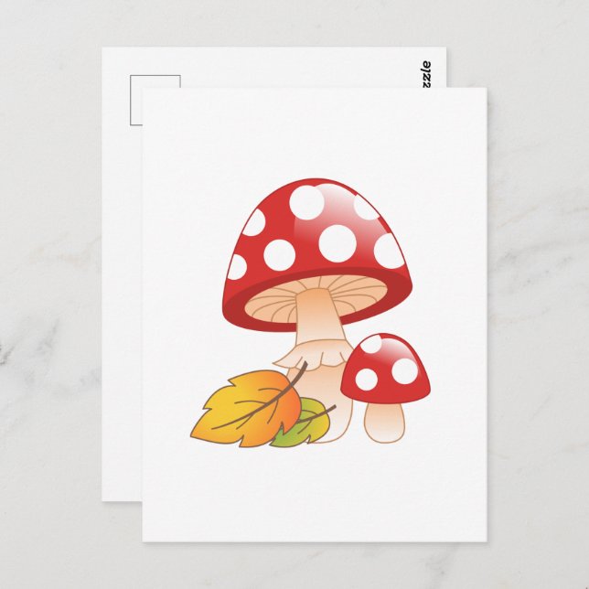 Red Cap Toadstool Svampar och Löv Vykort (Fram/baksida)