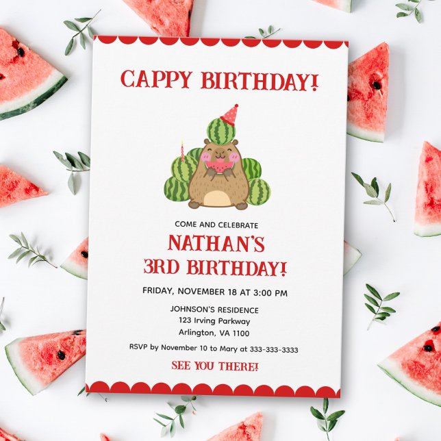 Red Capybara Watermelon Kids Roligt Cappy Birthday Inbjudningar (Skapare uppladdad)