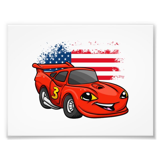 Red car american flagga tecknad - Välj tillbaka fä Fototryck (Framsidan)