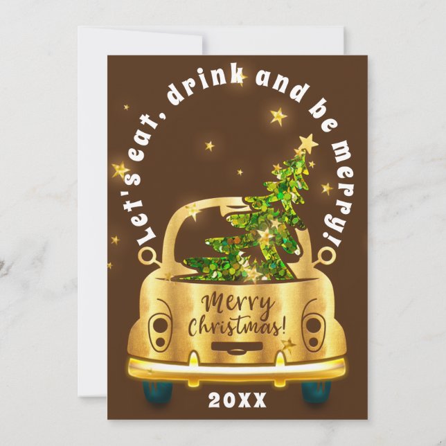 Red Car jul Brunch Dinner Träd Guld Brown Inbjudningar (Baksida)