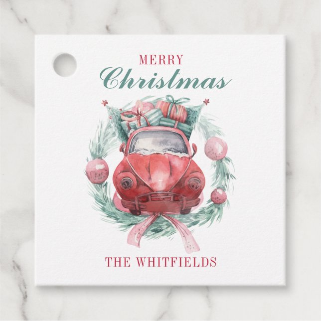 Red Car Matching Helgdag för Julkrans Gåvor Etiketter (Framsida)