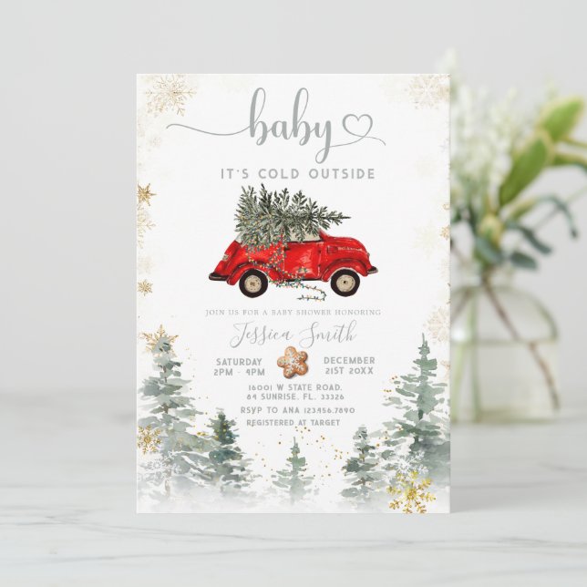 Red Car Pine Tree Winter Baby Shower Invitation Inbjudningar (Stående Fram)