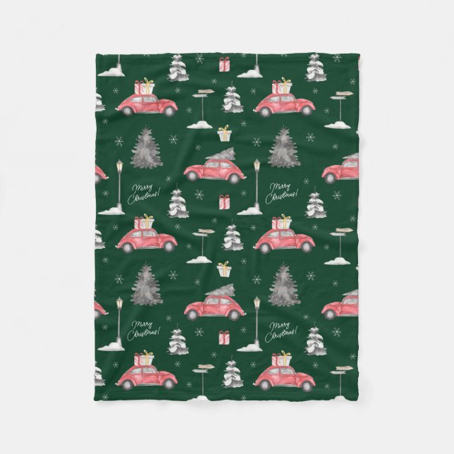 Red Car Winter Mönster God jul Grönt Small Fleecefilt (Framsidan)