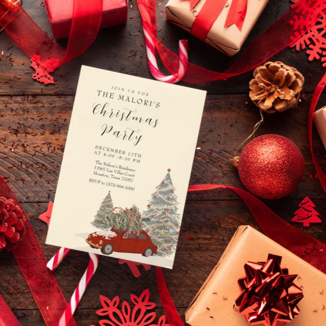 Red Car with Christmas Tree and Festive Winter Pin Inbjudningar (Skapare uppladdad)