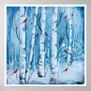 Red Cardinal Birch Träd Rustic Poster