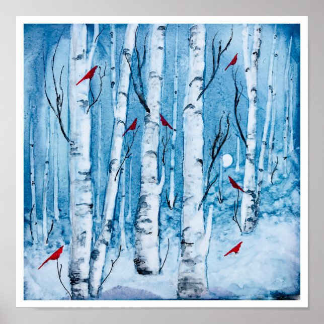 Red Cardinal Birch Träd Rustic Poster (Framsidan)