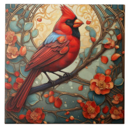 Red Cardinal Bird i Art nouveau Art Deco stil Kakelplatta