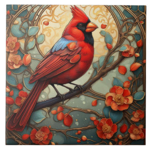 Red Cardinal Bird i Art nouveau Art Deco stil Kakelplatta