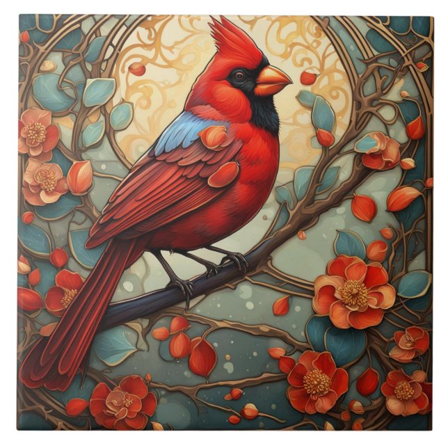 Red Cardinal Bird i Art nouveau Art Deco stil Kakelplatta (Framsidan)