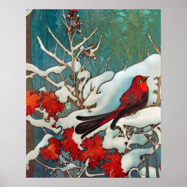Red Cardinal Bird i Snö Poster (Framsidan)
