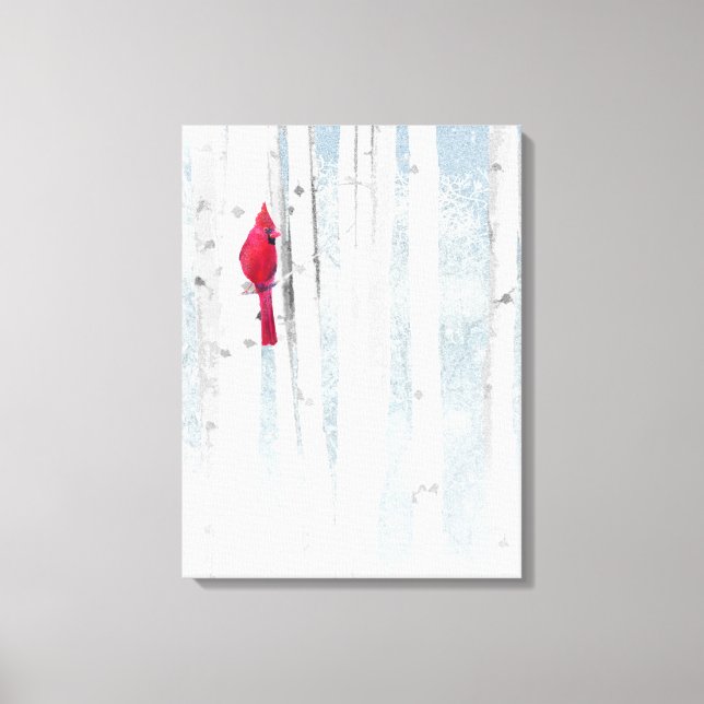 Red Cardinal Bird i vackra snowy Birch Träd Canvastryck (Framsida)