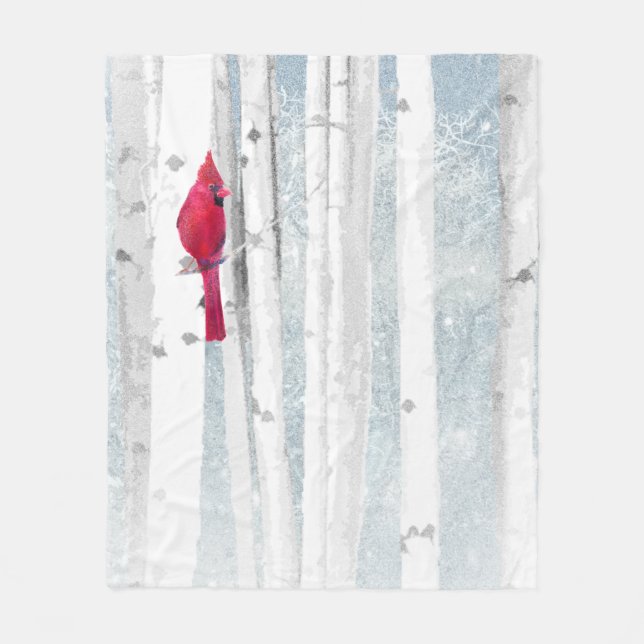 Red Cardinal Bird i vackra snowy Birch Träd Fleecefilt (Framsidan)
