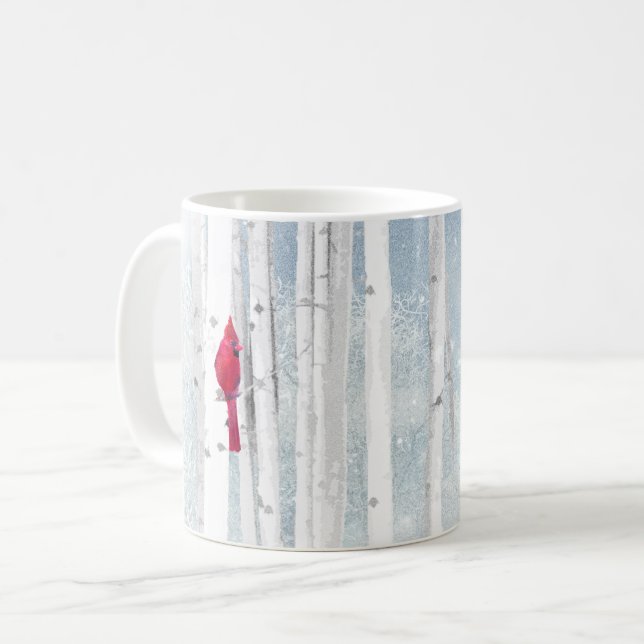 Red Cardinal Bird i vackra snowy Birch Träd Kaffemugg (Framsida vänster)