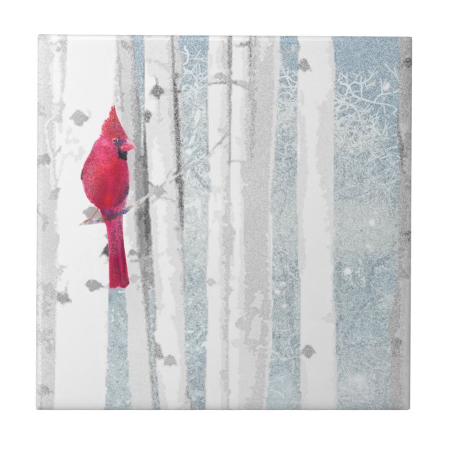 Red Cardinal Bird i vackra snowy Birch Träd Kakelplatta (Framsidan)