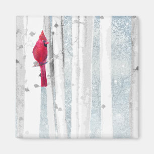 Red Cardinal Bird i vackra snowy Birch Träd Magnet