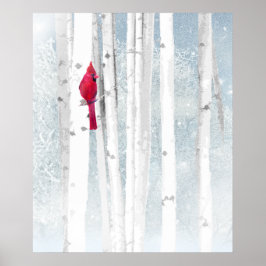 Red Cardinal Bird i vackra snowy Birch Träd Poster