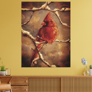 Red Cardinal Bird Oil Painting – Winter Branch Canvastryck
