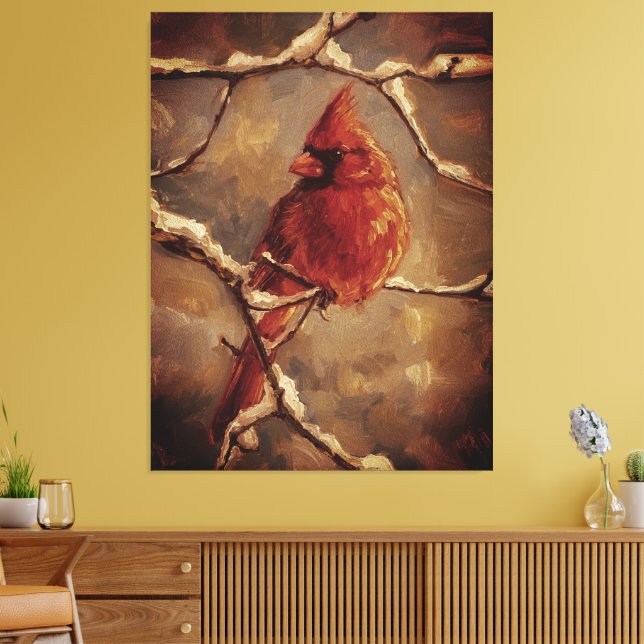 Red Cardinal Bird Oil Painting – Winter Branch Canvastryck (Insitu (Vardagsrum))